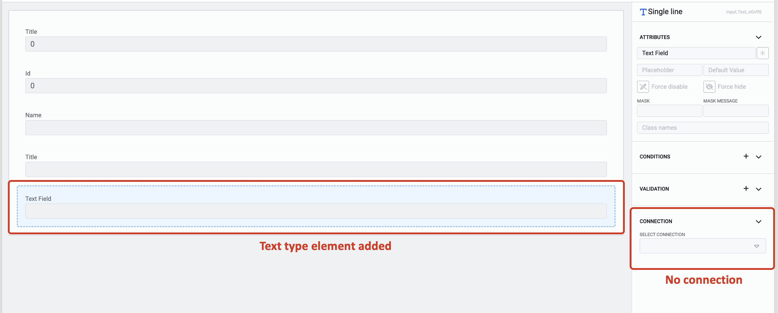 Image showing element added to composition area without connection